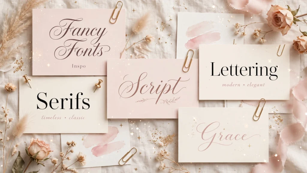 Pin title examples written in fancy fonts for Pinterest, including script, bold sans and double-struck Unicode styles