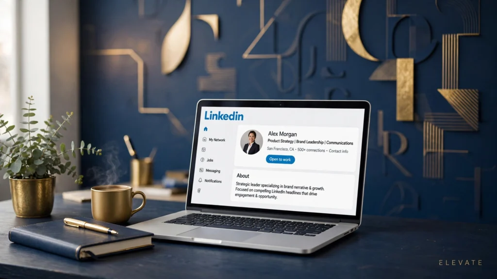 Professional writing a stylish bold-text LinkedIn headline on a laptop